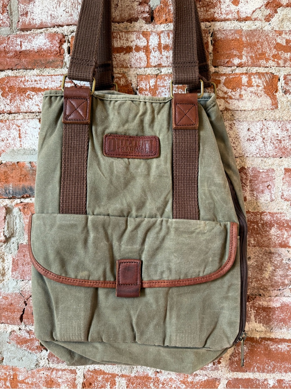 Duluth Trading Co. Brown Canvas Oil Cloth Tote Shoulder Bag Expandable Green - Picture 2 of 8
